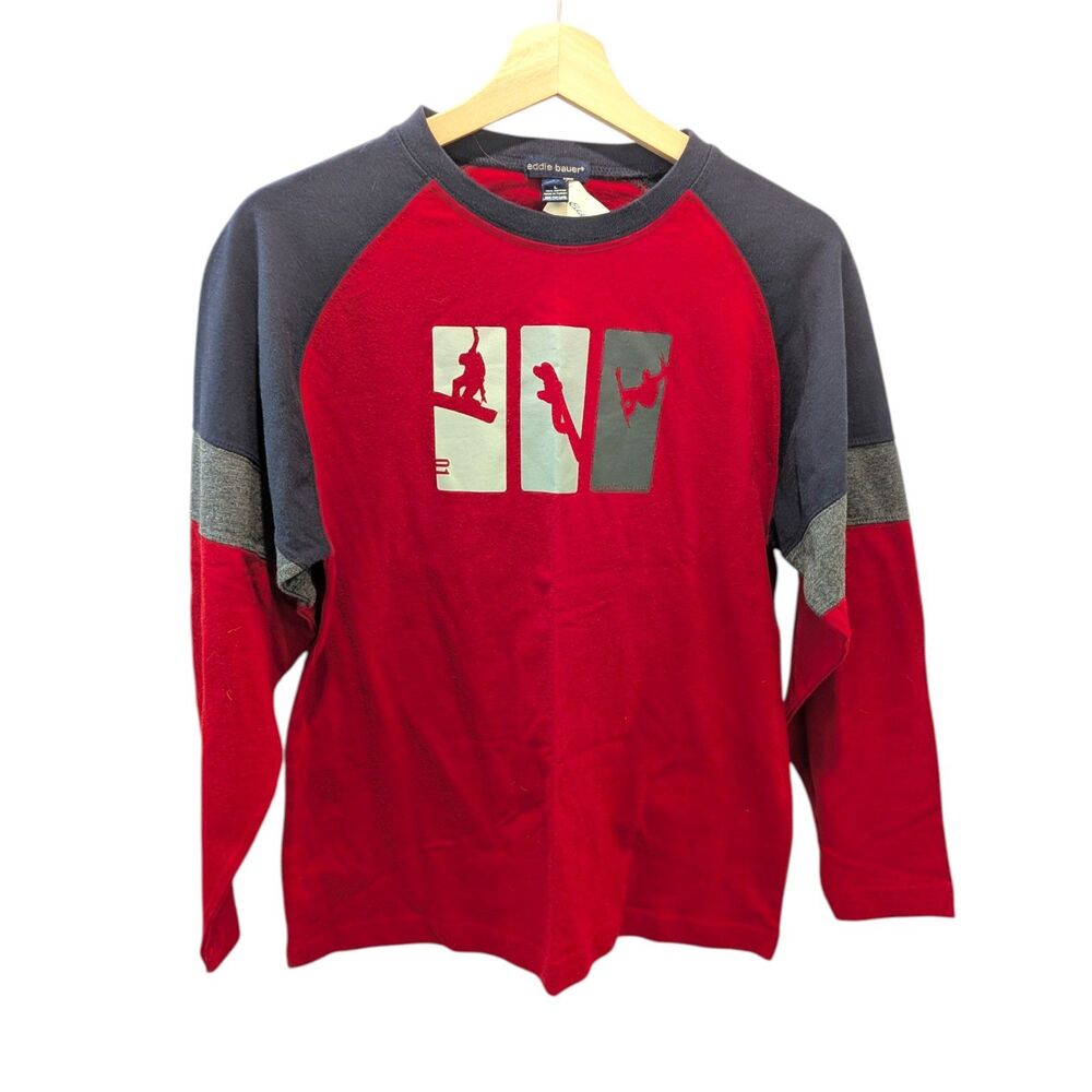 Deadstock Eddie Bauer Y2K Kids Snowboard Ski Long Sleeve Tee Red Navy L Vintage